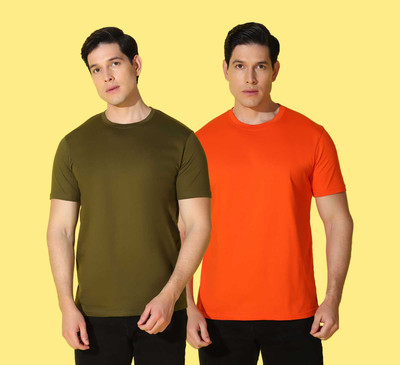 WOOSTRO Solid Men Round Neck Orange, Green T-Shirt
