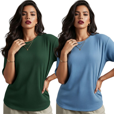 Aqualoom Self Design Women Round Neck Blue T-Shirt