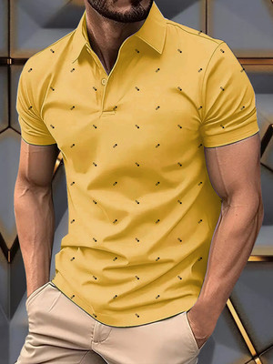 Merriment Printed Men Polo Neck Gold T-Shirt