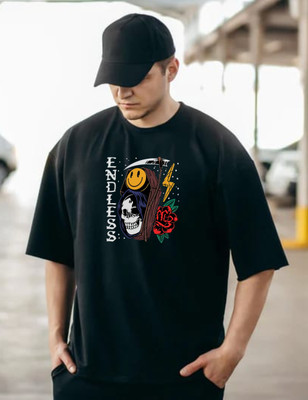Humbe Solid, Graphic Print, Printed, Typography Men Round Neck Black T-Shirt