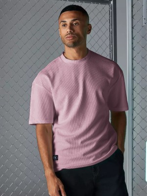 MANIAC Solid Men Round Neck Pink T-Shirt