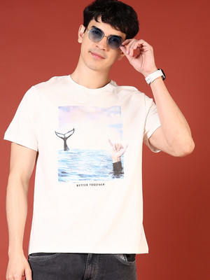 V-MART Printed Men Round Neck White T-Shirt