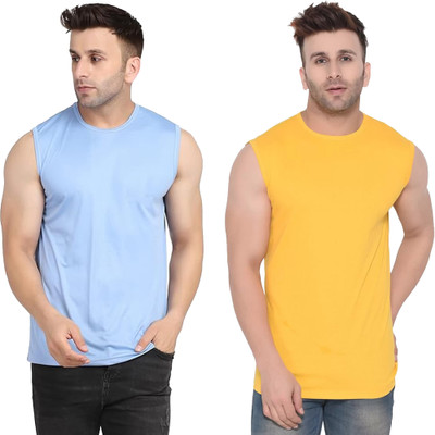 Jangoboy Solid Men Crew Neck Blue, Yellow T-Shirt
