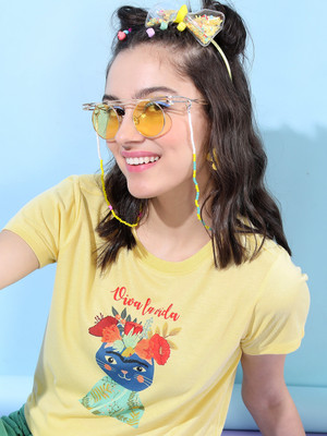 Tokyo Talkies Printed Women Round Neck Yellow T-Shirt