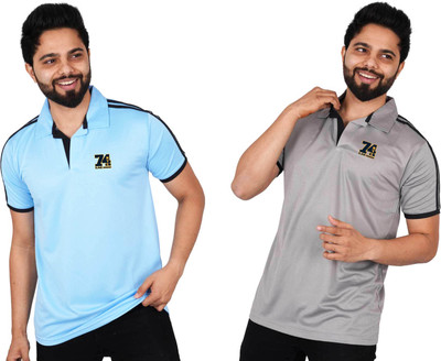 La Milano Striped Men Polo Neck Grey T-Shirt