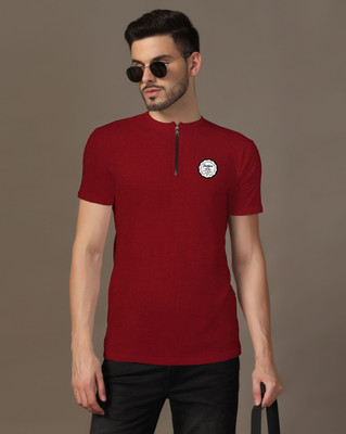 Lawful Casual Printed Men Mandarin Collar Maroon T-Shirt