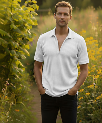 DSV Self Design Men Zip Neck White T-Shirt