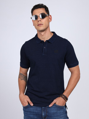LEE Solid Men Polo Neck Blue T-Shirt