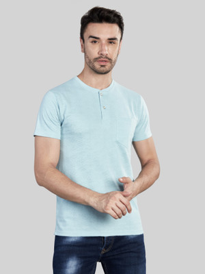 BE POSITIVE Solid Men Henley Neck Blue T-Shirt