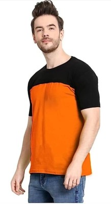 Homeroot Solid Men Round Neck Orange, Black T-Shirt