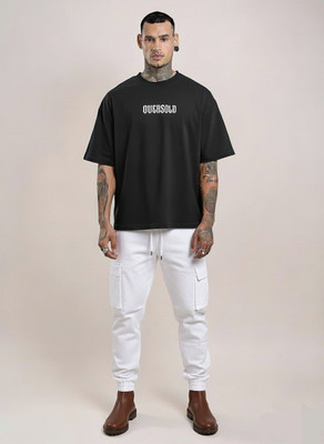 OVERSOLD Printed, Graphic Print, Self Design Men Round Neck Black T-Shirt