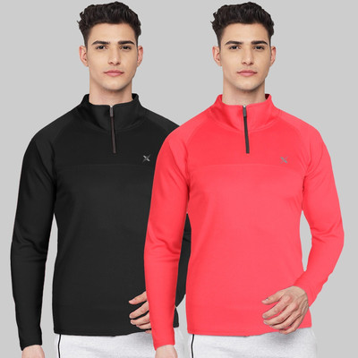 FTX Solid Men Zip Neck Black, Red T-Shirt
