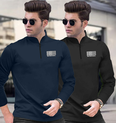 FastColors Printed Men Zip Neck Dark Blue, Black T-Shirt
