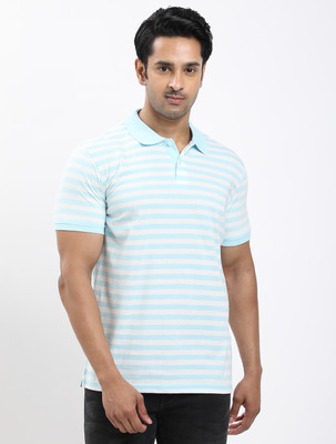INDIAN TERRAIN Striped Men Polo Neck Blue T-Shirt