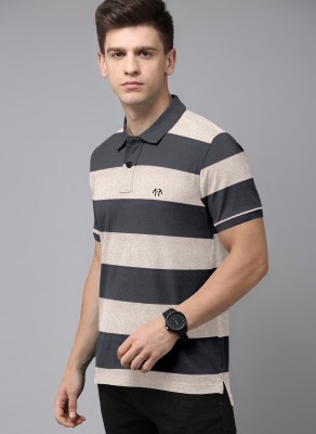 Triptee Striped Men Polo Neck Grey, Beige T-Shirt