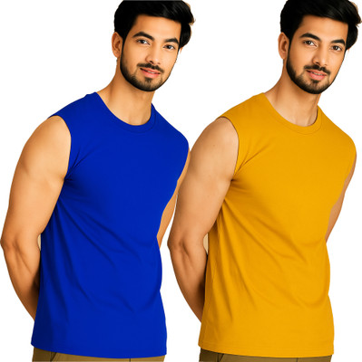 Jangoboy Solid Men Round Neck Dark Blue, Yellow T-Shirt