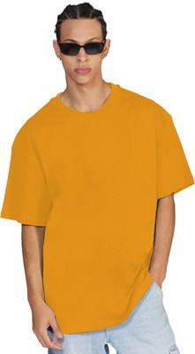 Leotude Solid Men Round Neck Yellow T-Shirt