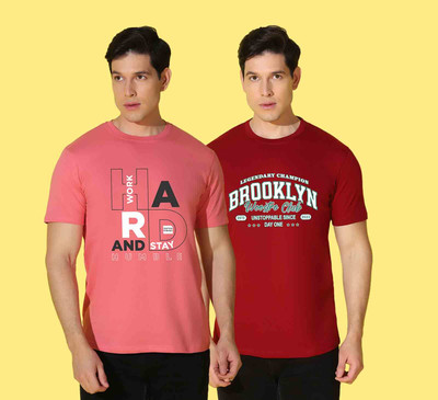 WOOSTRO Typography Men Round Neck Pink, Red T-Shirt