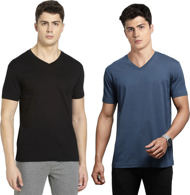 JOCKEY Solid Men V Neck Black, Dark Blue T-Shirt