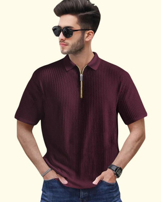 TELOXY Striped Men Zip Neck Maroon T-Shirt