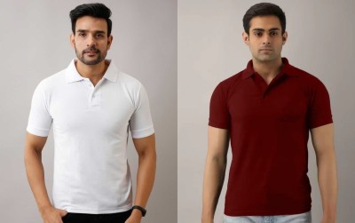 Silver Swan Solid Men Polo Neck White, Maroon T-Shirt