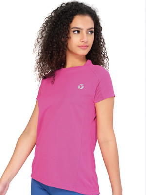 TECHNOSPORT Solid Women Round Neck Pink T-Shirt