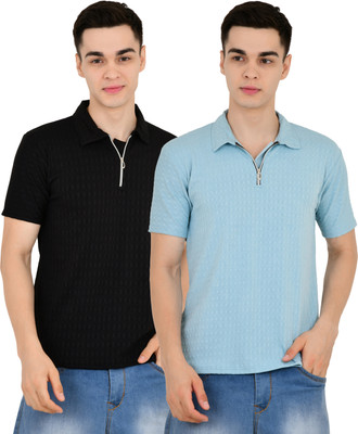 KEOTI Self Design Men Polo Neck Black, Blue T-Shirt