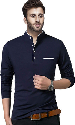 Adorbs Trend Solid Men Mandarin Collar Dark Blue T-Shirt