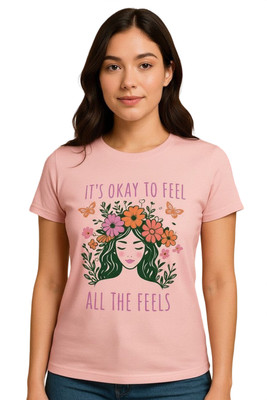 Ecolove Printed Women Round Neck Pink T-Shirt