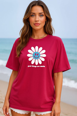 Kings London Floral Print Women Round Neck Pink T-Shirt