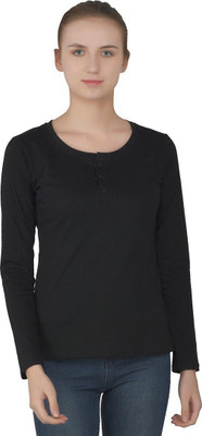 GEUM Solid Women Henley Neck Black T-Shirt