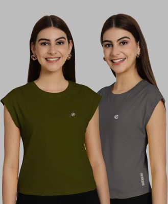 FRISKERS Solid Women Round Neck Dark Green, Grey T-Shirt
