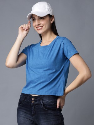 METRONAUT Solid Women Round Neck Blue T-Shirt