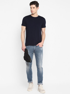 RULEDBYSUN Solid Men Round Neck Navy Blue T-Shirt