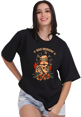 Moda Rapido Graphic Print Women Round Neck Black T-Shirt