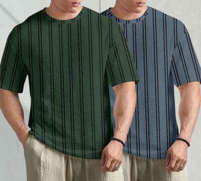 METRONAUT Striped, Self Design Men Round Neck Green, Grey T-Shirt