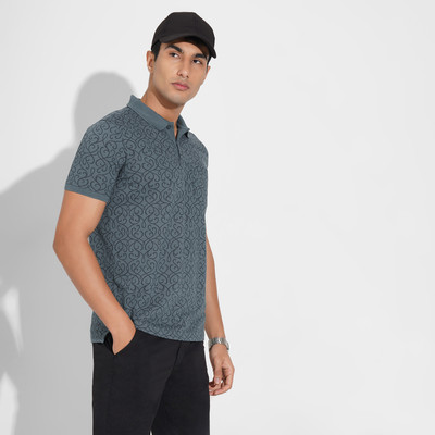Peregrine by Pantaloons Printed Men Polo Neck Blue T-Shirt