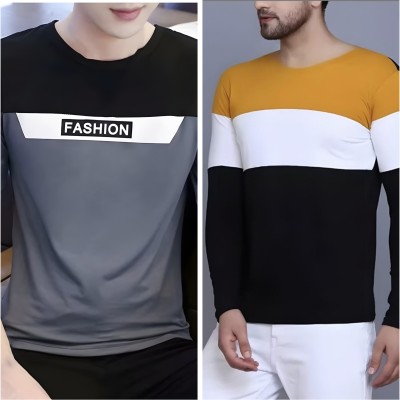 Farlucci Striped Men Mandarin Collar Grey, Yellow T-Shirt