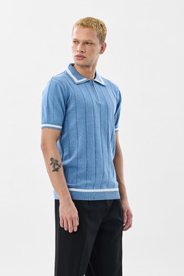 Snitch Striped Men Polo Neck Light Blue T-Shirt