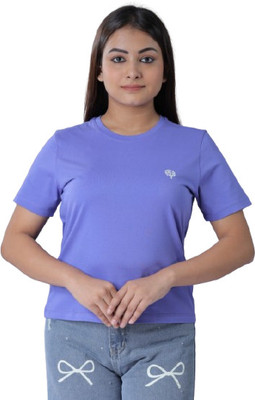 LEAFCARE Printed Women Round Neck Blue T-Shirt