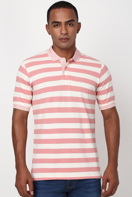 PETER ENGLAND Striped Men Polo Neck Pink, White T-Shirt