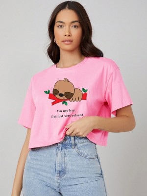 KOTTY Printed, Typography Women Round Neck Pink T-Shirt
