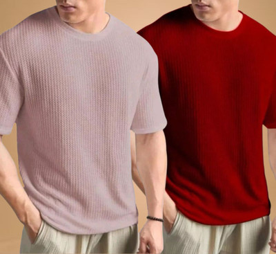 WAY TO TRENDY Solid Men Round Neck Maroon T-Shirt