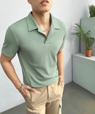 LIME Self Design Men Polo Neck Light Green T-Shirt