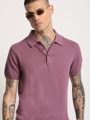 THE BEAR HOUSE Solid Men Polo Neck Purple T-Shirt
