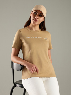 TOMMY HILFIGER Printed Women Crew Neck Beige T-Shirt