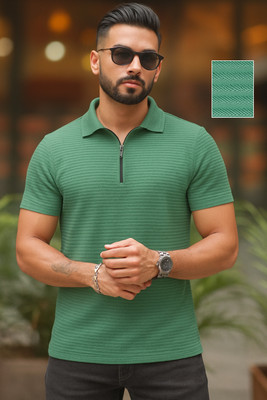 Moda Rapido Solid Men Zip Neck Green T-Shirt