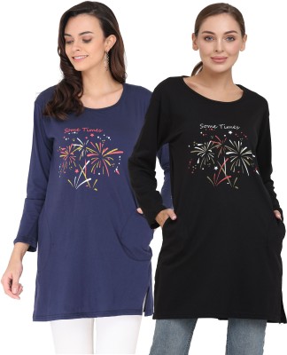 RRAVAYKI Printed Women Round Neck Navy Blue, Black T-Shirt