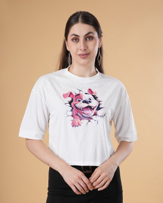 BELWELL Printed Women Round Neck White T-Shirt