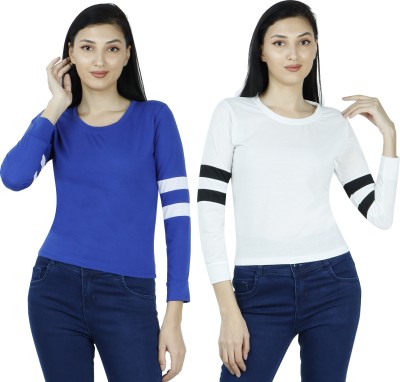 PINOVO Striped Women Round Neck Blue, Black, White T-Shirt